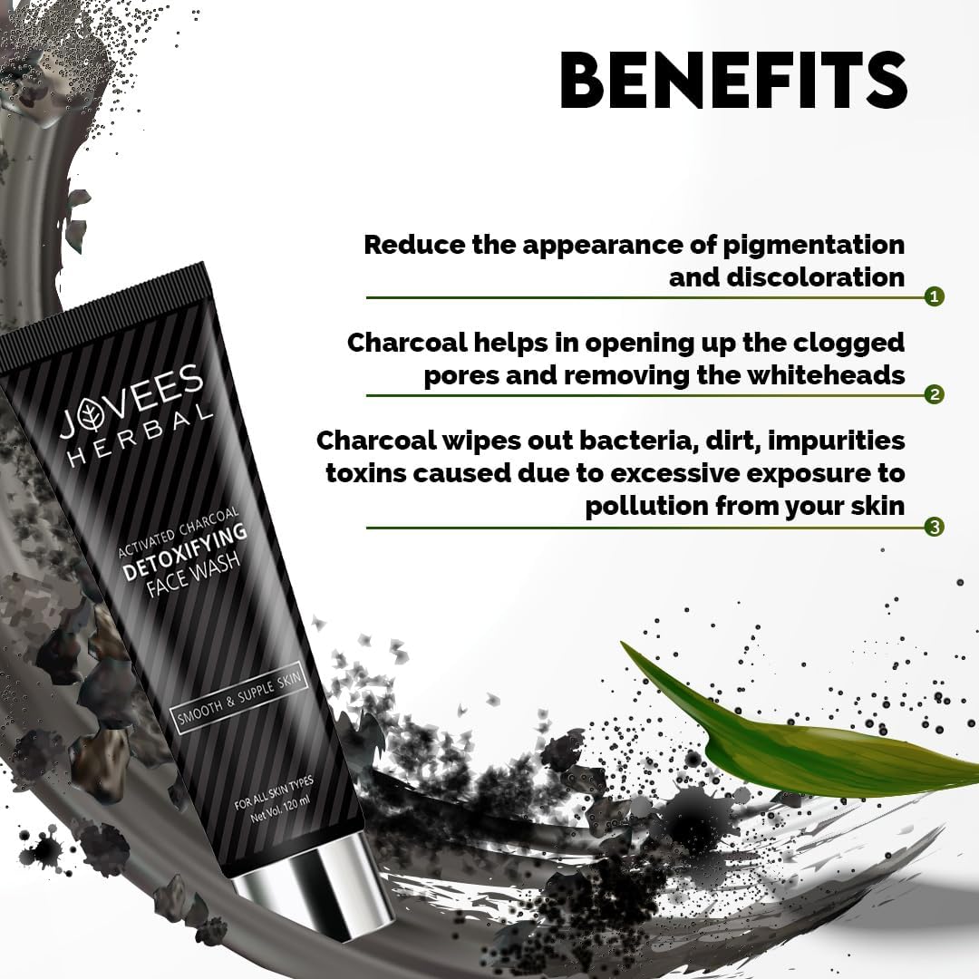 Jovees Herbal Activated Charcoal Detoxifying Face Wash For Deep Pore Cleansing, Oil Control, Removes Dirt & Impurities For All Skin Types 120ml (Pack Of 3)