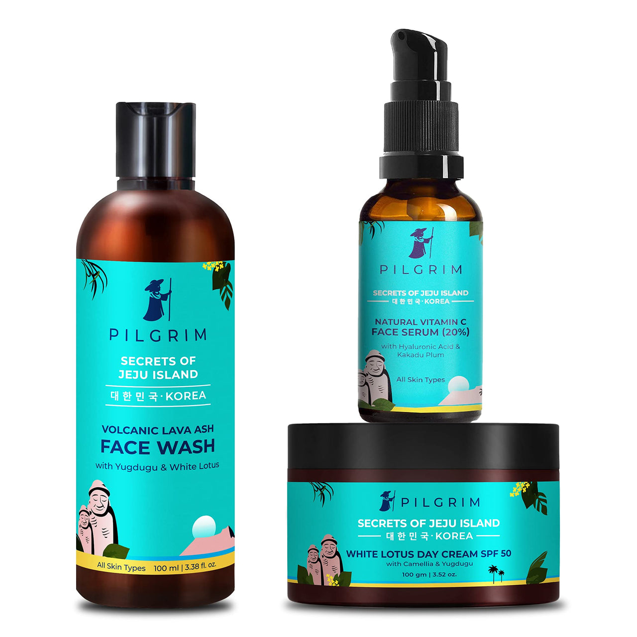 Pilgrim Fresh Look Face Combo | Volcanic Lava Ash Face Wash 100ml + Natural VIt C 20% Serum 30ml + White Lotus Day Cream SPF 50 50g | Experience Youthful Glowing Skin | All Skin Types