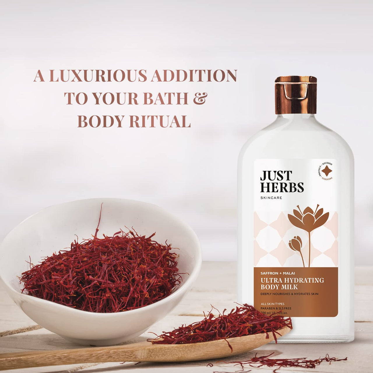 Just Herbs Saffron + Malai Nourishing Body Milk Lotion- 300ml & Just Herbs Body Lotion For Dry Normal & Combination Skin Nourishing Body Milk With Coconut + Almond - 300ml Combo