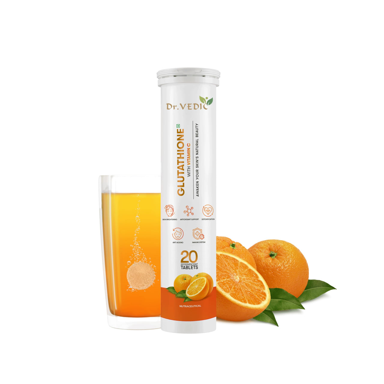 Dr Vedic 20-Glutathione Effervescent Tablets with L-Glutathione 600mg, Vitamin C, E & Hyaluronic Acid | Powerful Antioxidant for Skin Glowing, Detox & Immune Support | Orange Flavour