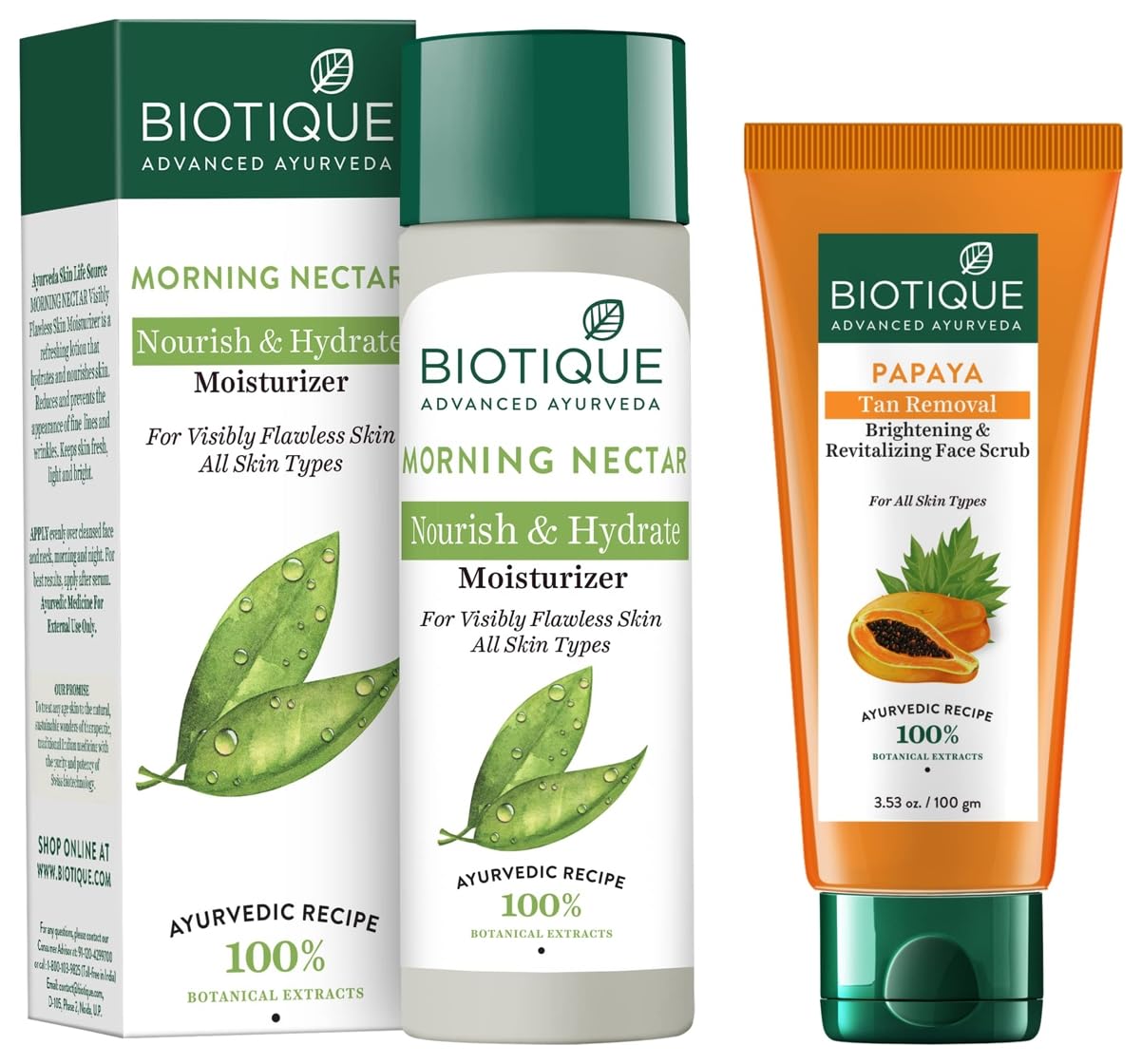 Biotique Bio Morning Nectar Visibly Flawless Skin Moisturizer, 120ml & Biotique Papaya Tan Removal Brightening & Reviatalizing Face Scrub For All Skin Types, 100g
