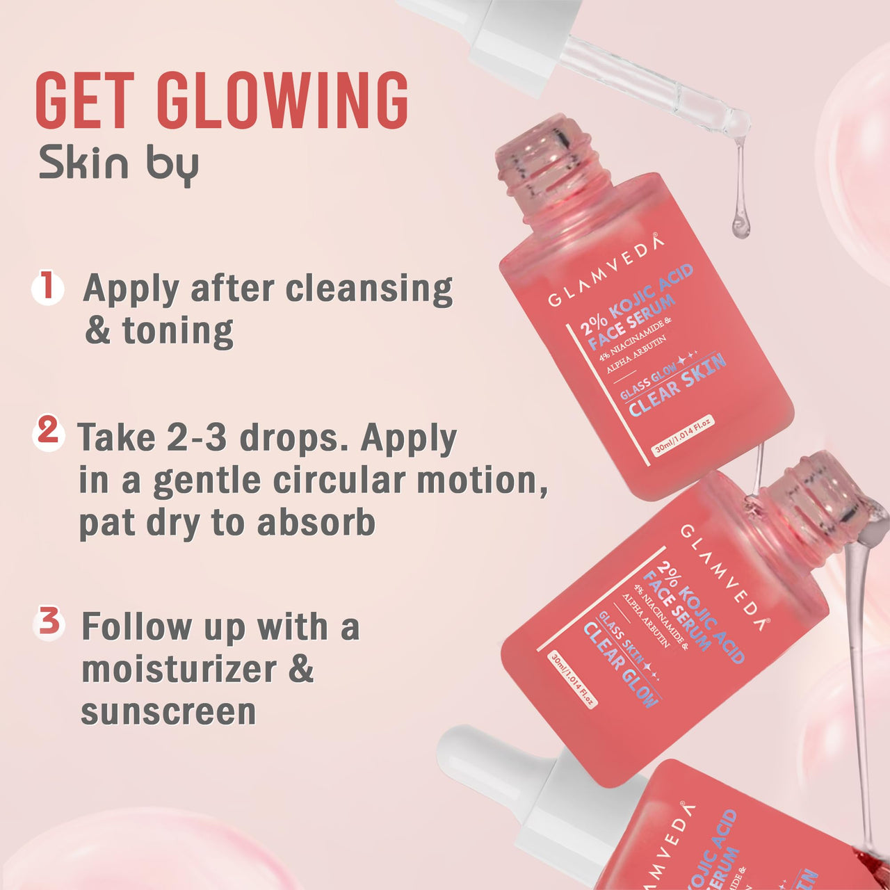 Glamveda 2% Kojic Acid Face Serum with Niacinamide & Alpha Arbutin | Skin Brightening & Hydration | Dark Spot, Blemish & Wrinkle Reduction | Glass Skin Glow | All Skin Types