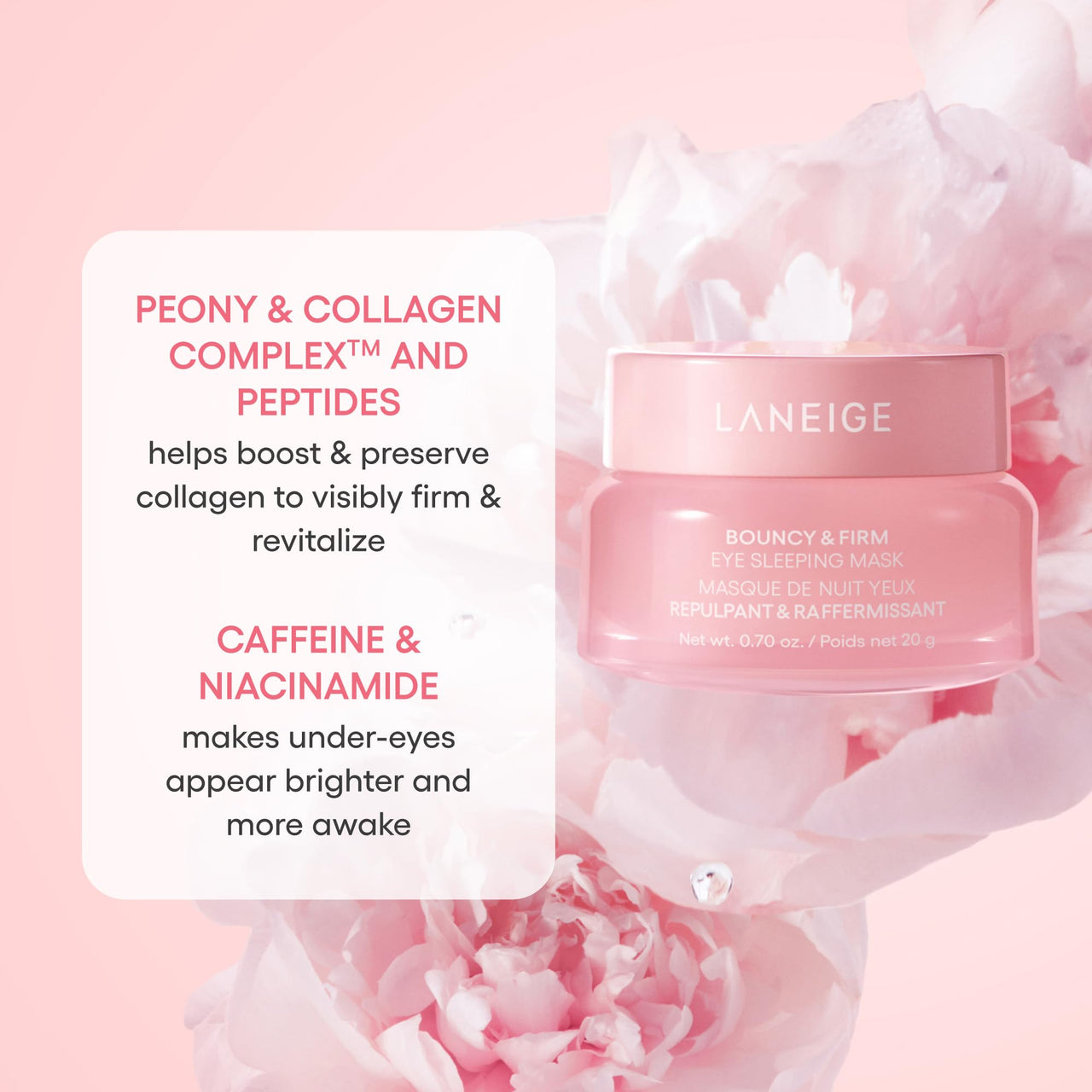 LANEIGE Bouncy & Firm Plump, Firm and Glow Set of 3 includes Eye Sleeping Mask 20G, Face Sleeping Mask 10ML and Lip Treatment Balm 2G with Pouch