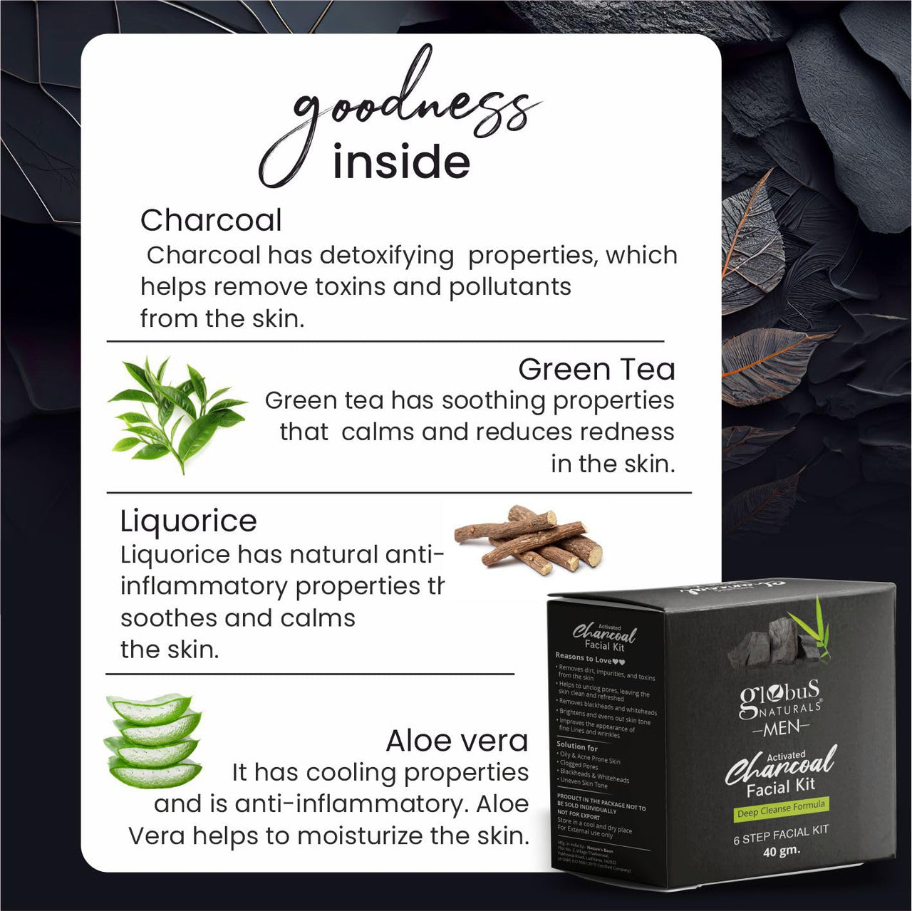 Globus Naturals Charcoal Men Face Wash & Facial Kit Combo, Anti Pollution Formula, For Normal to Oily Skin