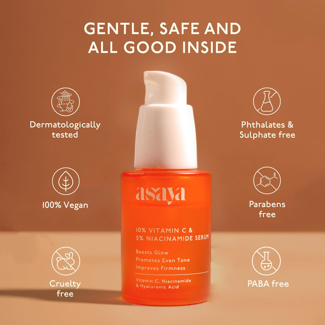 Asaya 10% Vitamin C Face Serum for Brightening & Glowing Skin | With 5% Niacinamide & Hyaluronic Acid | Dark Spot Correcting & Barrier Support | For Skin Radiance | Non Irritating & Non Sticky | Brightening Serum for Dull Skin | Reduces Dark Spots | Treat