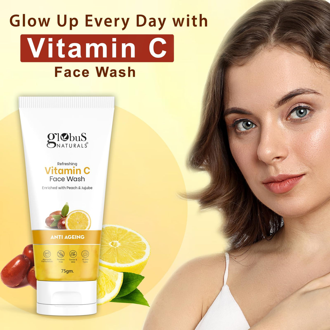 Globus Naturals Anti-Ageing Skin Brightening Vitamin C Face Wash, Enriched with Peach & Jujube, Skin Illuminating & Tan Removal Formula, For All Skin Types, Both Men & Women (75 g) (Pack of 1)