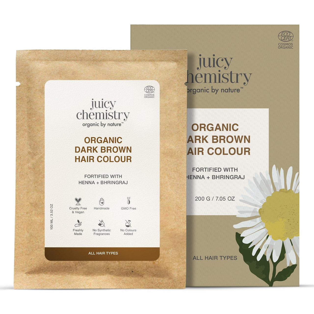 Juicy Chemistry 100% Organic Hair Colour - Americano(Dark Brown) 200 gms, Chemical-Free, Long-Lasting Grey Coverage | All Natural Semi Permanent Hair Colour, Safe for Sensitive Scalp