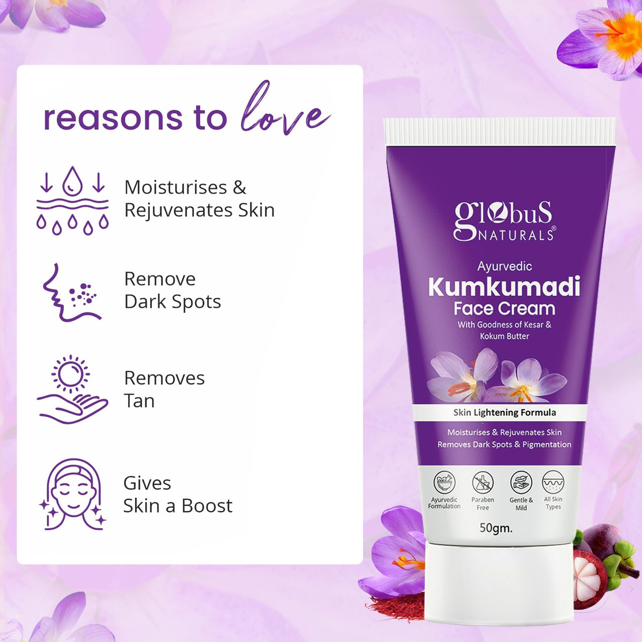 Globus Naturals Ayurvedic Kumkumadi Skin Lightening Face Cream, Chemical Free, Paraben Free, Suitable For All Skin Types, 50gm