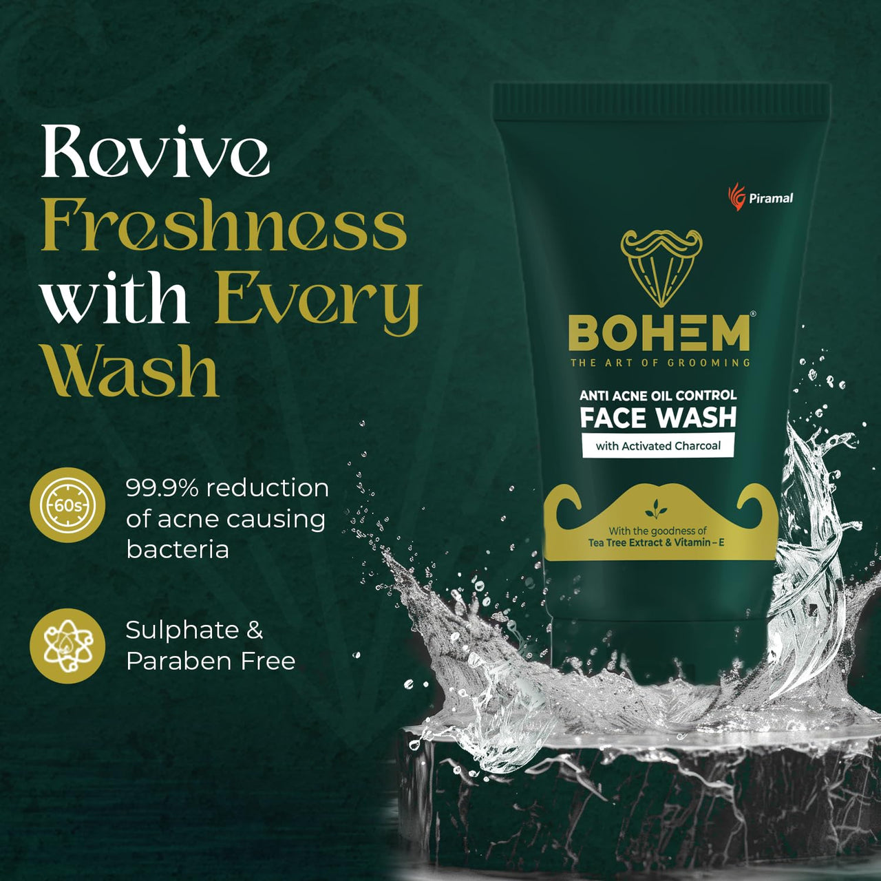BOHEM Anti Acne Activated Charcoal Face Wash for Oily & Acne Prone Skin | 100ml x 2 | Tea Tree Extract & Vitamin E for Oil Free Pollution Defense, De Tan & Detox | Facewash for Men | All Skin Types