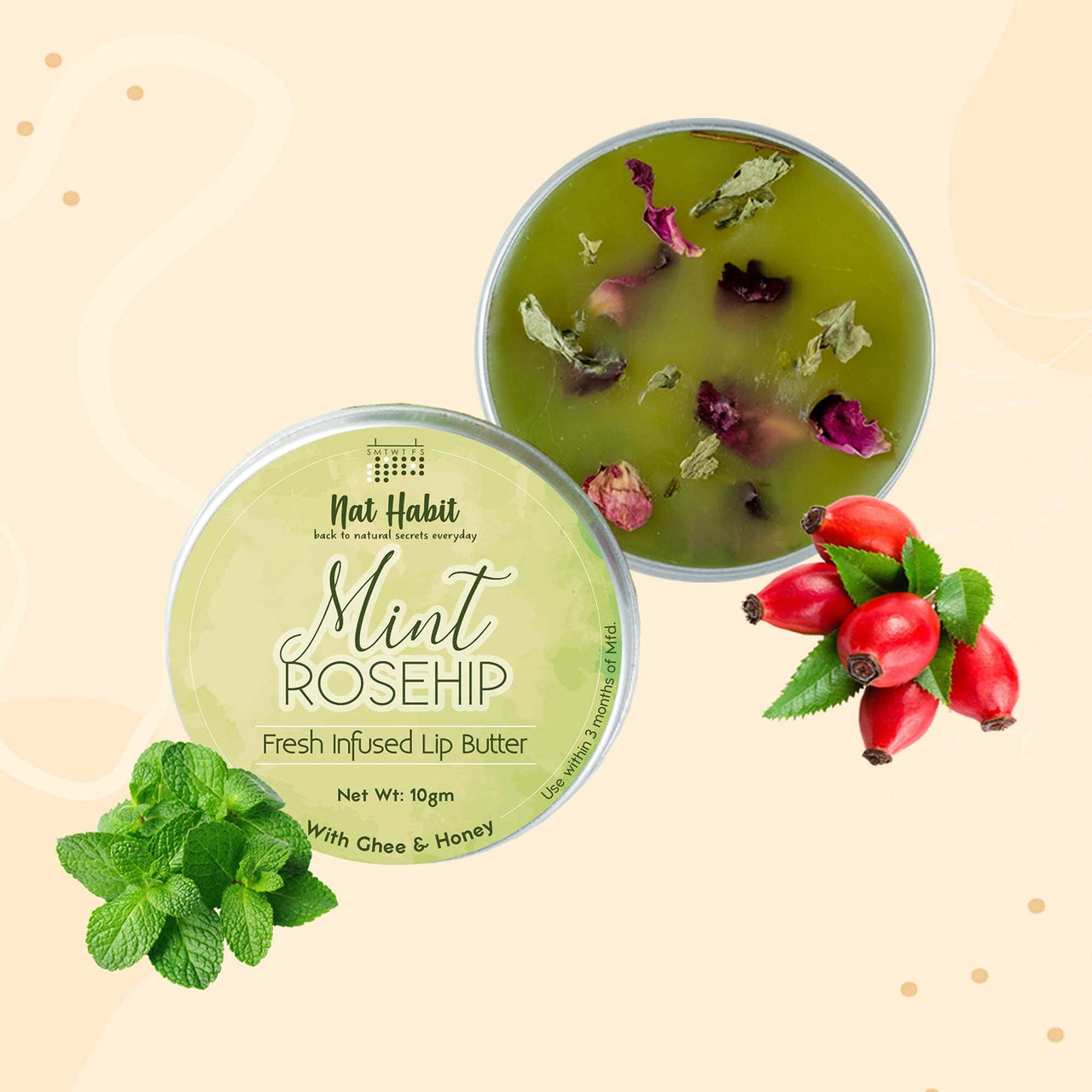 Nat Habit Mint Rosehip Lip Balm Fresh Infused Lip Butter With Desi Ghee & Raw Honey For Lip Pigmentation, Lightening, Lip Repair, Dark And Chapped Lips - 10gm (Pack of 2)