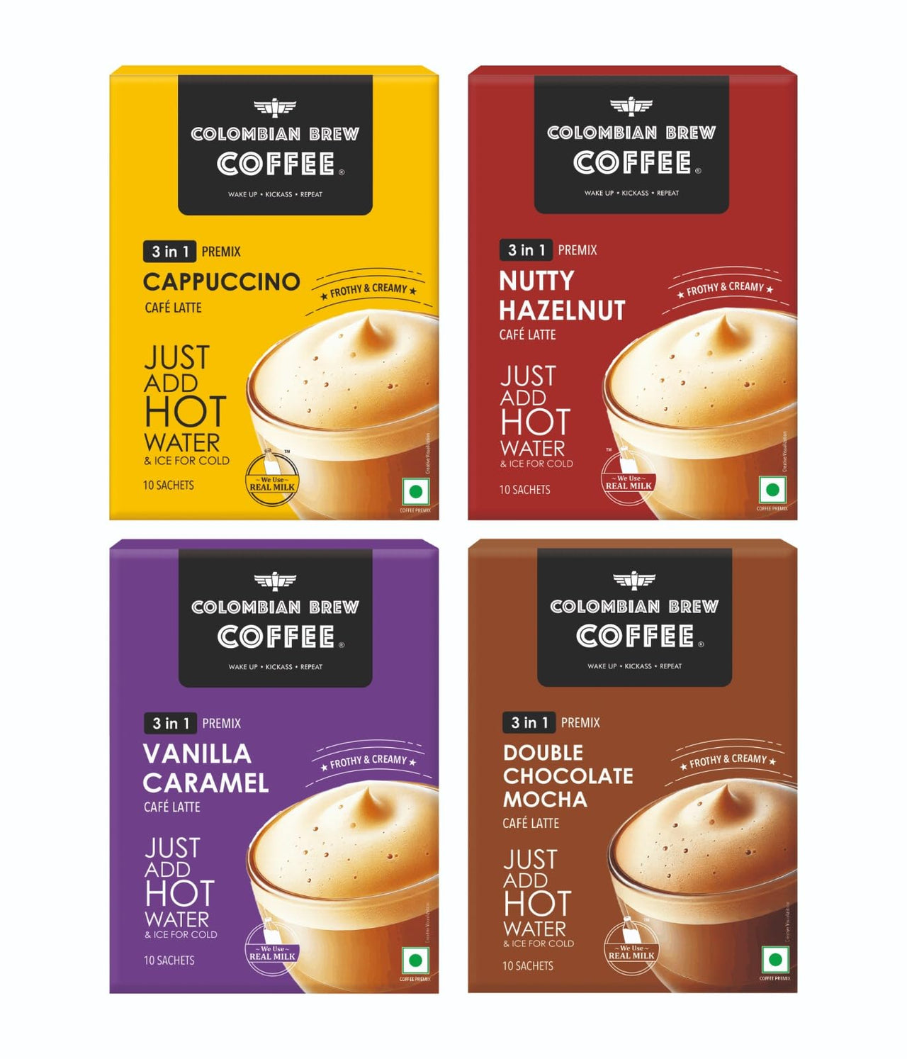 Colombian Brew 3 in 1 Assorted Instant Coffee Premix Café Latte, Cappuccino, Hazelnut, Vanilla Caramel, Double Choco Mocha, 10 Sachets Box Buy 3 Get 1 Free