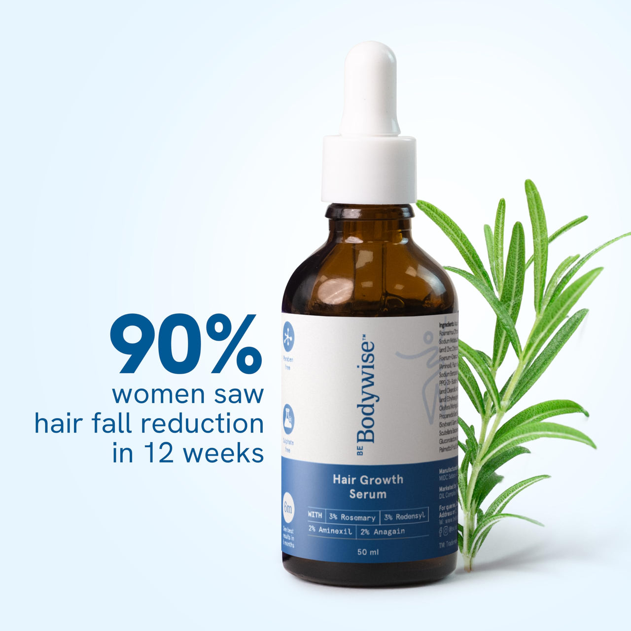 Be Bodywise Rosemary Hair Serum | With 3% Redensyl, 2% Aminexil, & 2% Anagain | For Thicker & Stronger Hair | Prevents Hair Fall & Stimulates Follicles | For All Hair Types | 50ml