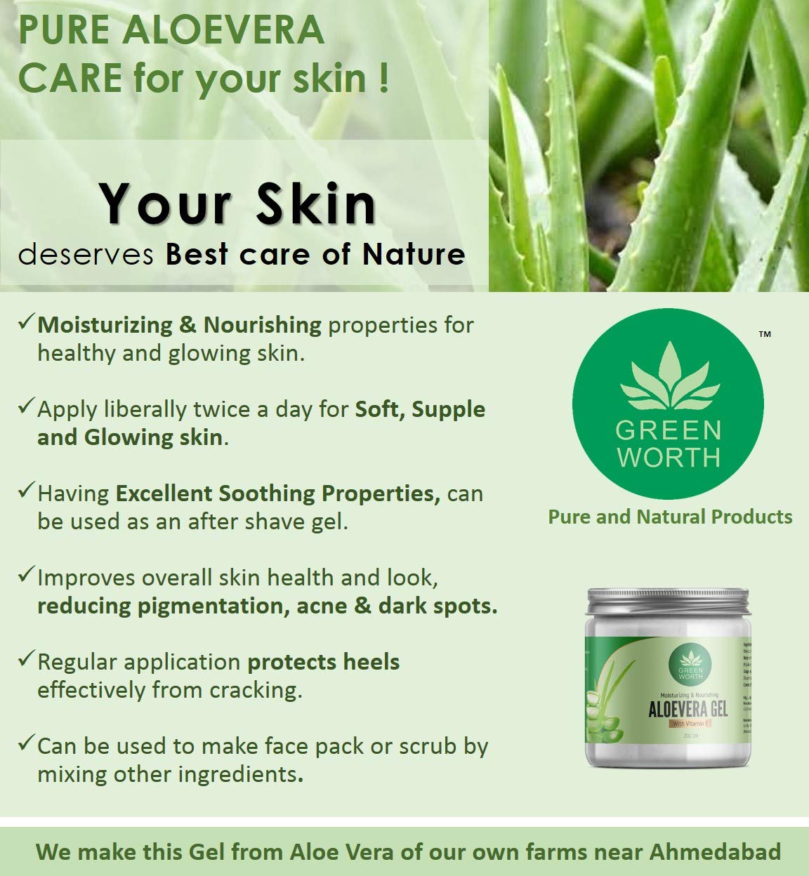 GREEN WORTH Pure Aloe Vera Gel for face, skin and hair | with Vit B3, E and Pro-Vit B5 | 200 gms