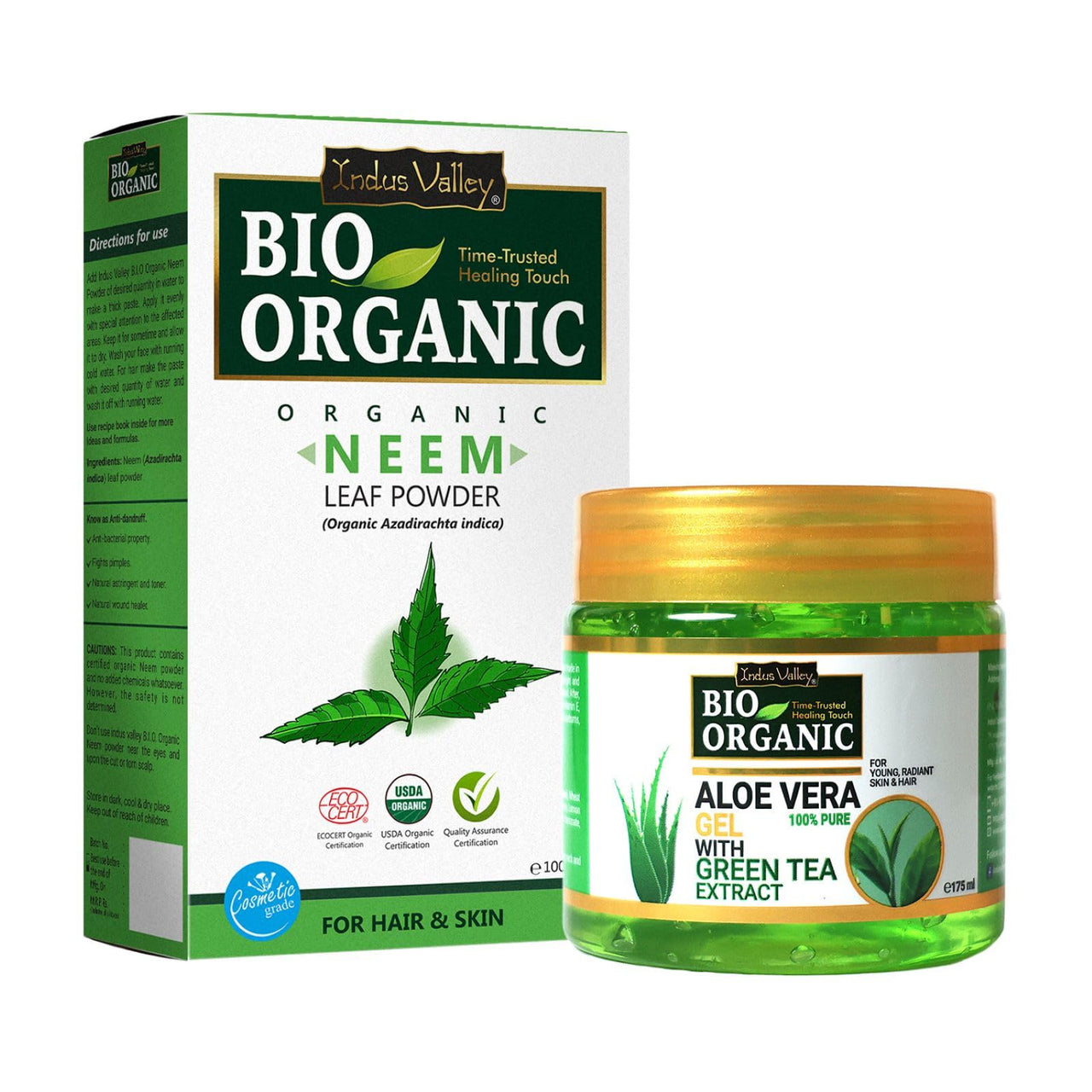 INDUS VALLEY Neem Leaf Powder | Azadirachta indica - Natural, Organic & Pure Powder With 100% Pure Non-Toxic Aloe Vera Gel - (100g+175 ml)