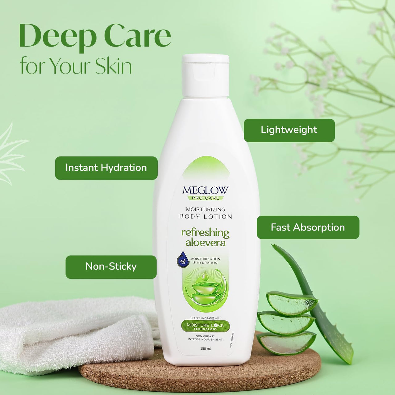 Meglow Pro-Care Moisturizing Body Lotion | Refreshing Aloe Vera Moisturizer for Women & Men for All Skin Types | Hydrating Moisturizer-150ml Pack of 2