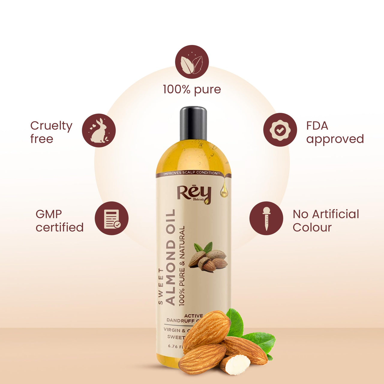 Rey Naturals Cold Pressed Sweet Almond Oil For Skin & Hair Growth - 200ml | Pure Almond Oil For Skin Face Massage | Rich In Vitamin-E | Badam Oil For Soft, Shiny & Dandruff Free Hair