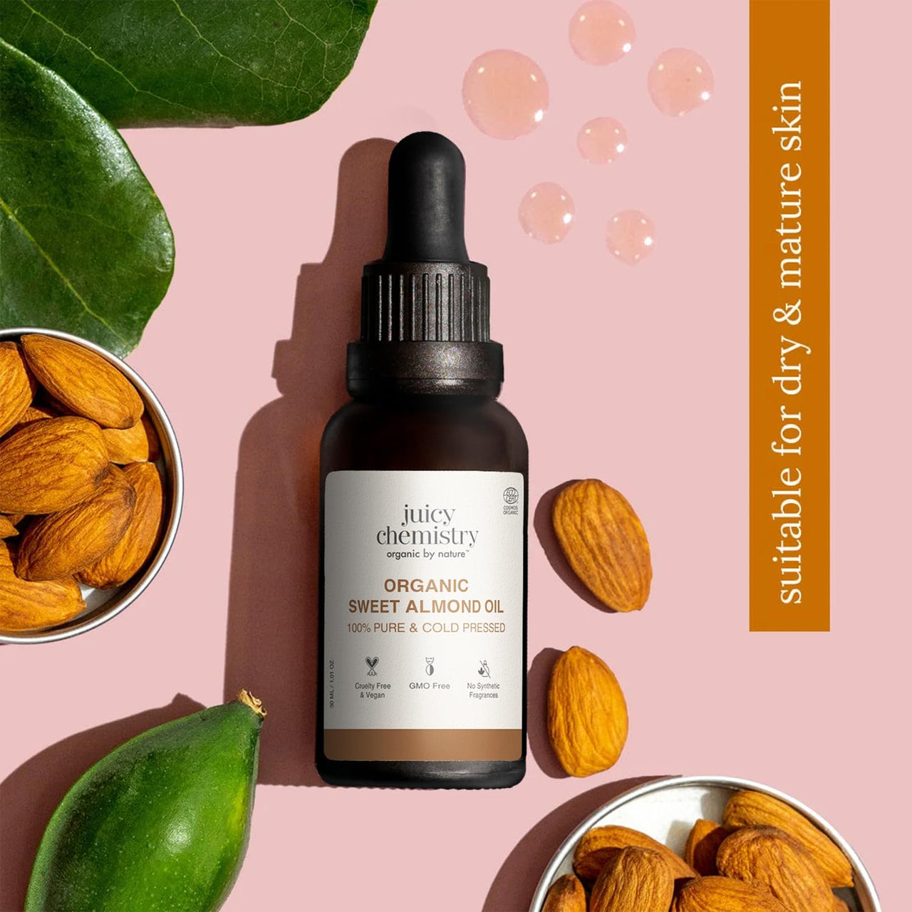 Juicy Chemistry Sweet Almond Oil, 30 ml | 100% Pure, Cold-pressed, Certified Organic & Premium Theraupetic Grade Almond Oil for Skin & Hair | Moisturising Face and Body Oil for Skin and Hair