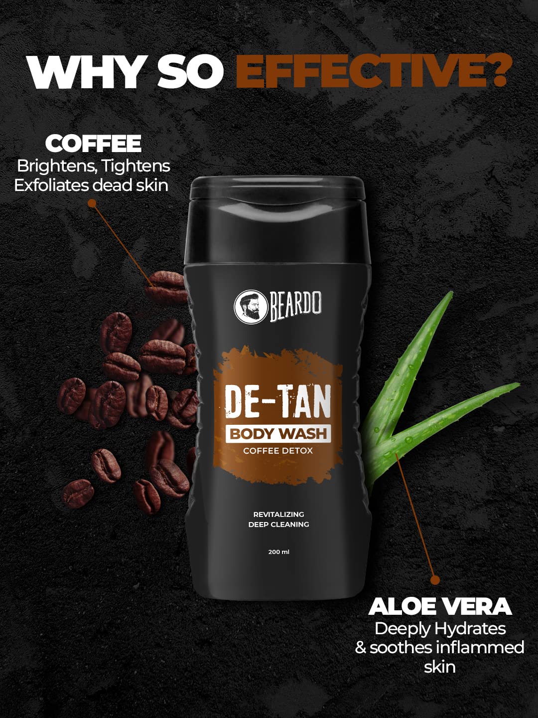 Beardo De-Tan Body Wash for Men, 200ml | Tan Removal and Caffeine Body Wash | Detan With Coffee & Aloe Extracts | For Body & Face | Refreshing Fragrance