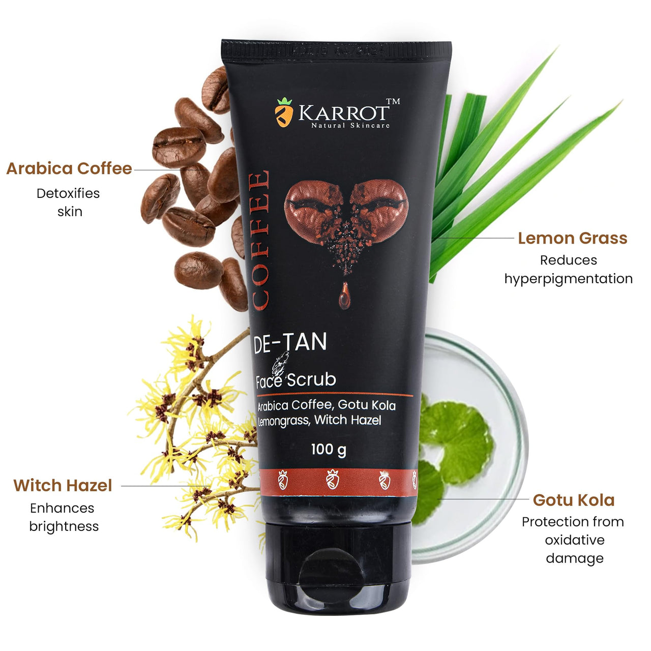 Karrot Natural Skincare Coffee Scrub, Fades Tan, Blackhead Removal Cream, Exfoliates Dead Cells, Anti Inflammatory, Made with Gotu Kola and Lemongrass, For Men and Women, All Skin Types, 100gms