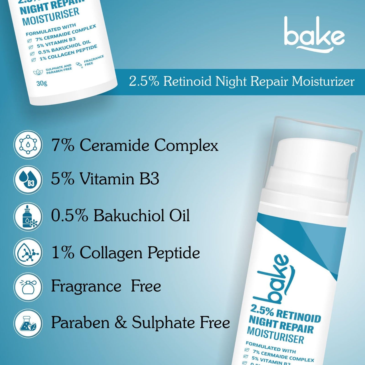 BAKE Retinol Night Cream with 2.5% Retinoid & Bakuchiol Oil for Anti Ageing, Fine Lines & Wrinkles | Retinol Night Repair Moisturizer | Lightweight, Non Sticky & Fragrance Free | All Skin Types | 30g