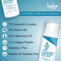 BAKE Retinol Night Cream with 2.5% Retinoid & Bakuchiol Oil for Anti Ageing, Fine Lines & Wrinkles | Retinol Night Repair Moisturizer | Lightweight, Non Sticky & Fragrance Free | All Skin Types | 30g