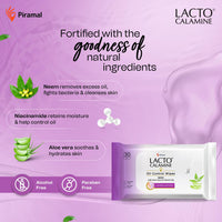 Lacto Calamine Oil Control Face Wipes | 30 N each- Pack of 2 | Wet Wipes for Face With Neem, Aloe Vera & Niacinamide | Makeup Remover Wipes | Hydrating, Refreshing, Soothing | Pararben & Alcohol Free