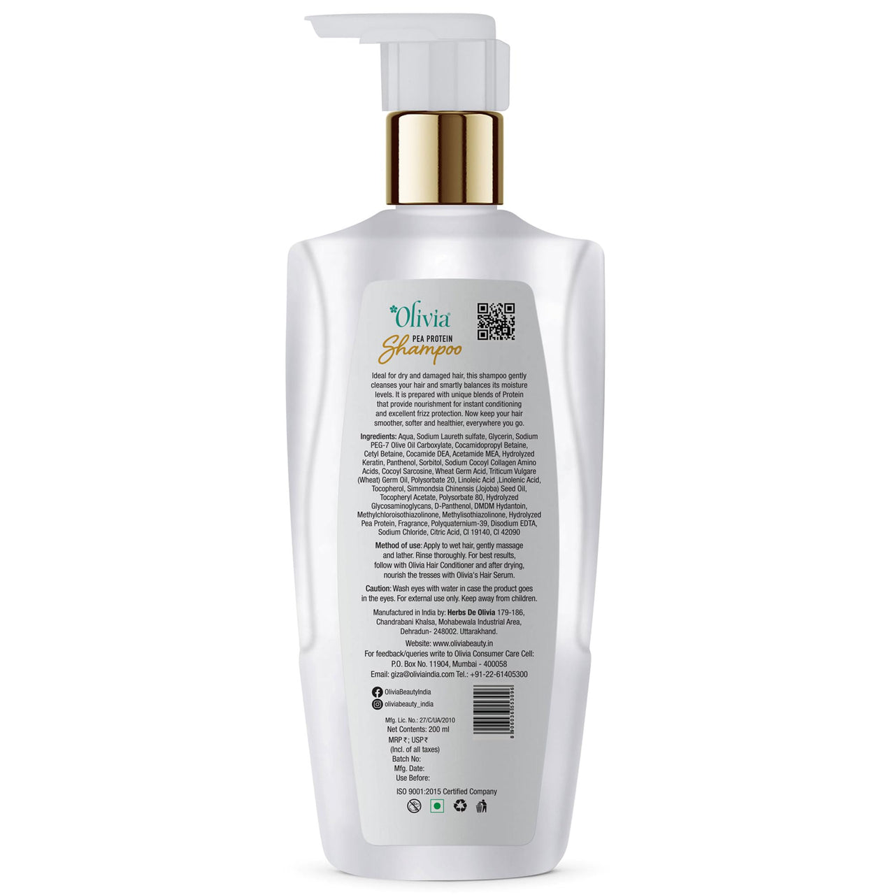 Olivia Hydrate and Protect Shampoo with Pea Protein | Keratin-Enriched Shampoo for Frizzy & Dry Hair | Paraben Free with 100% Natural Ingredients | No Harmful Colors or Chemicals | 200ml