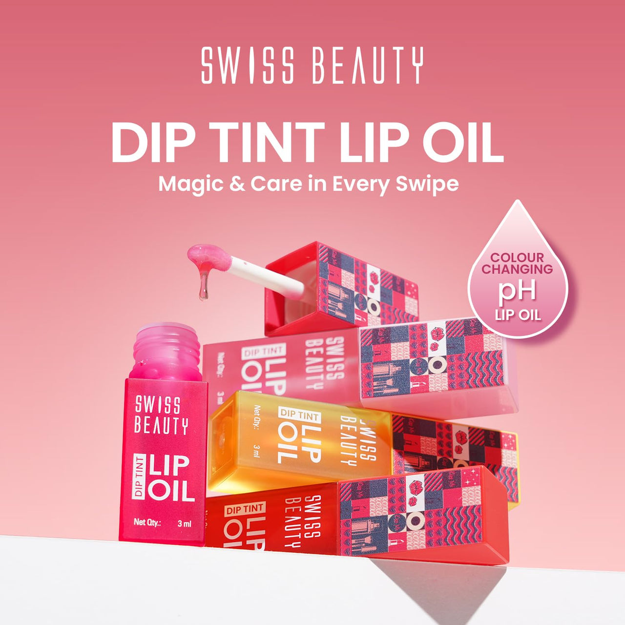 Swiss Beauty Dip Tint Colour Changing PH Lip Oil | With Vitamin E for Long-Lasting Nourishment and Hydration| Soft and Natural Pink Lips | Shade- Strawberry, 3ml