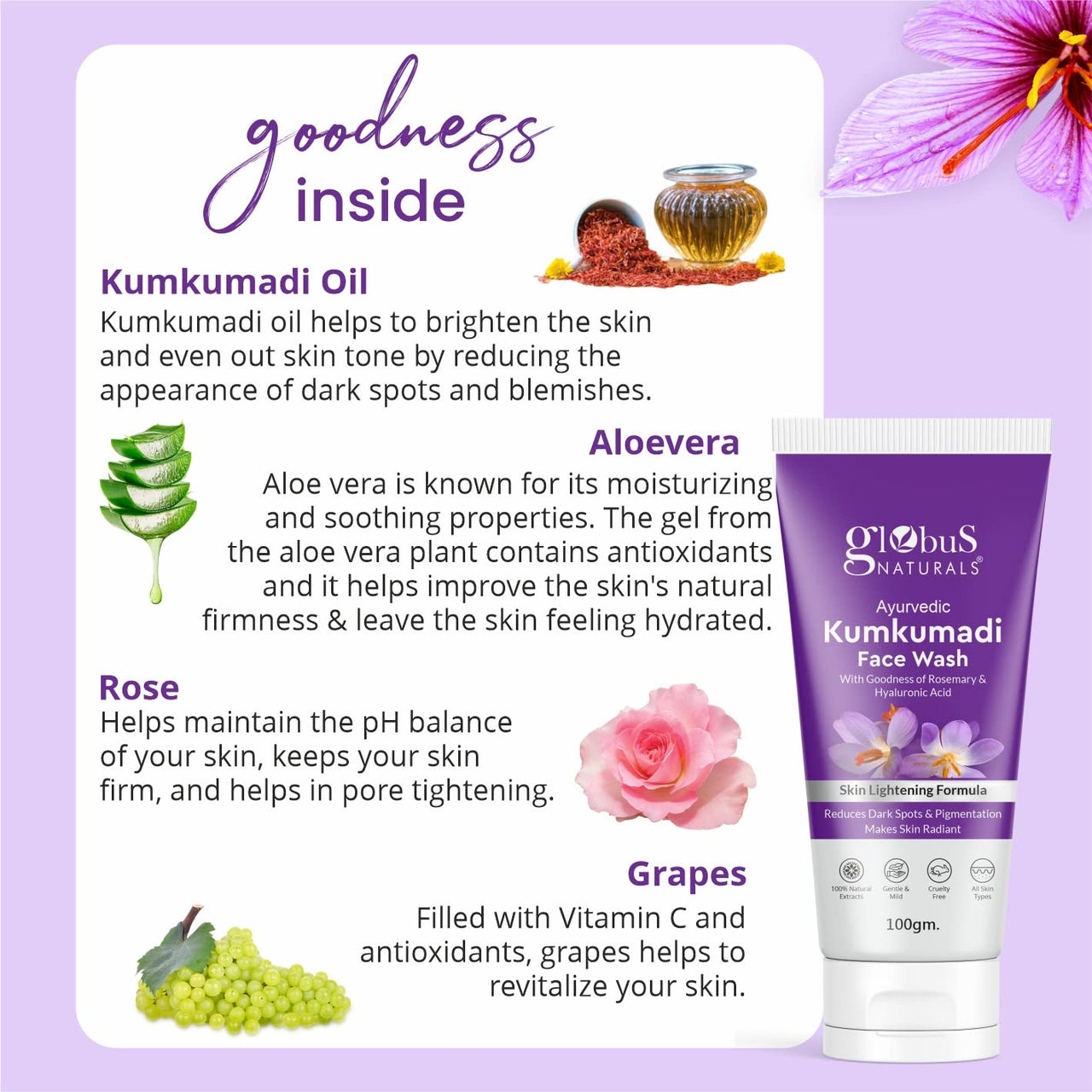 Globus Naturals Kumkumadi Skin Lightening Face Care Combo, Set of 4, Face Wash, Face Scrub, Face Cream & Face Pack