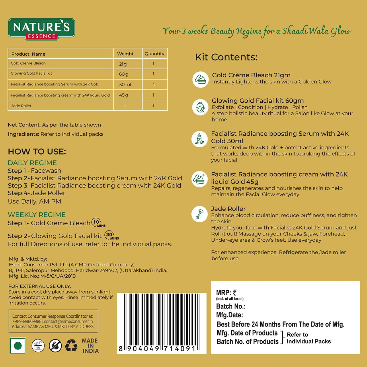 Nature's Essence Shaadi Wala Glow Kit - 3 weeks ritual | Skincare combo for Women | Gold Facial kit, Serum, cream & Jade Roller | Suitable for all skin types | Pack of 5, 126g +30ml