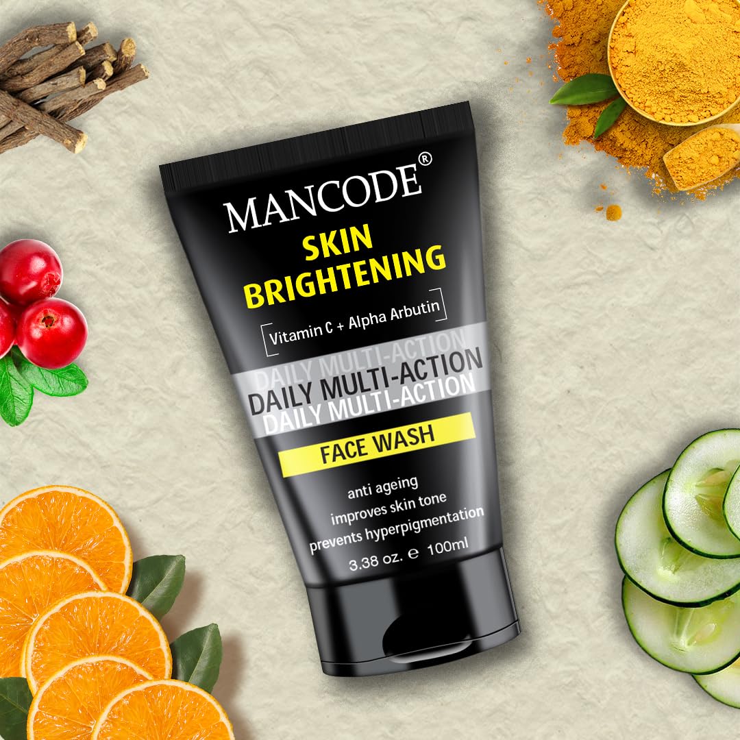 Mancode Daily Action Face Wash for Men with Vitamin C and Alpha Arbutin- Clear Skin, Oil Control, Acne Defense, Dark Spot Reduction, Pollution Protection - Pack of 1 | Men's Face Wash-100ml