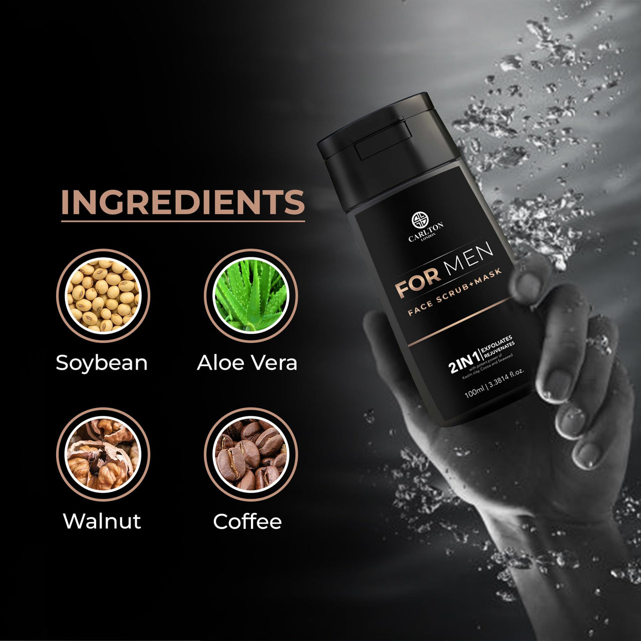 Carlton London Men Face Scrub & Mask I Aloe vera Soybean Walnut Coffee I Exfoliates dead skin Brightens complexion Hydrates and Nourishes | 1x100ml