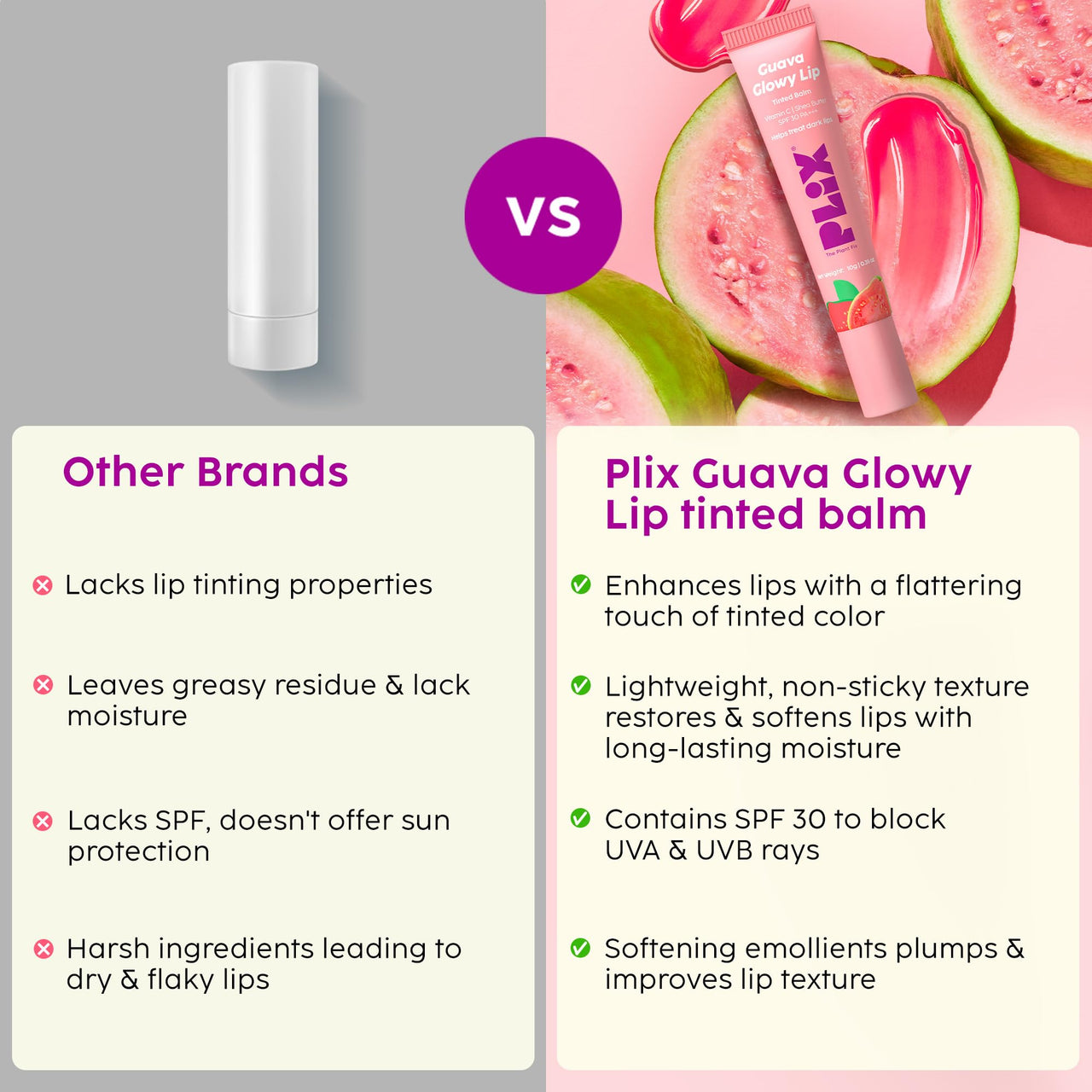 The Plant Fix Plix Guava Glowy Lip Tinted Balm for Smooth, Soft Lips | Shea Butter & Vitamin E for Buttery Soft Lips | For Glossy, Pink Lips | With SPF 30 PA+++ For Sun Protection |10g