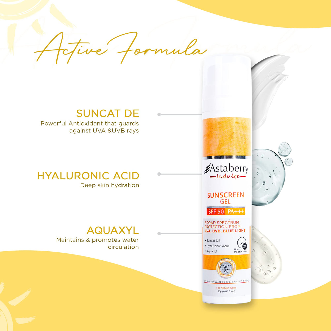ASTABERRY Indulge Sunscreen Gel Suitable for All Skin Types SPF 50 PA+++ |Broad Spectrum Protection From UVA/B & Blue Light| Suncat DE & No White Cast | Light Weight & Non Greasy- 50G