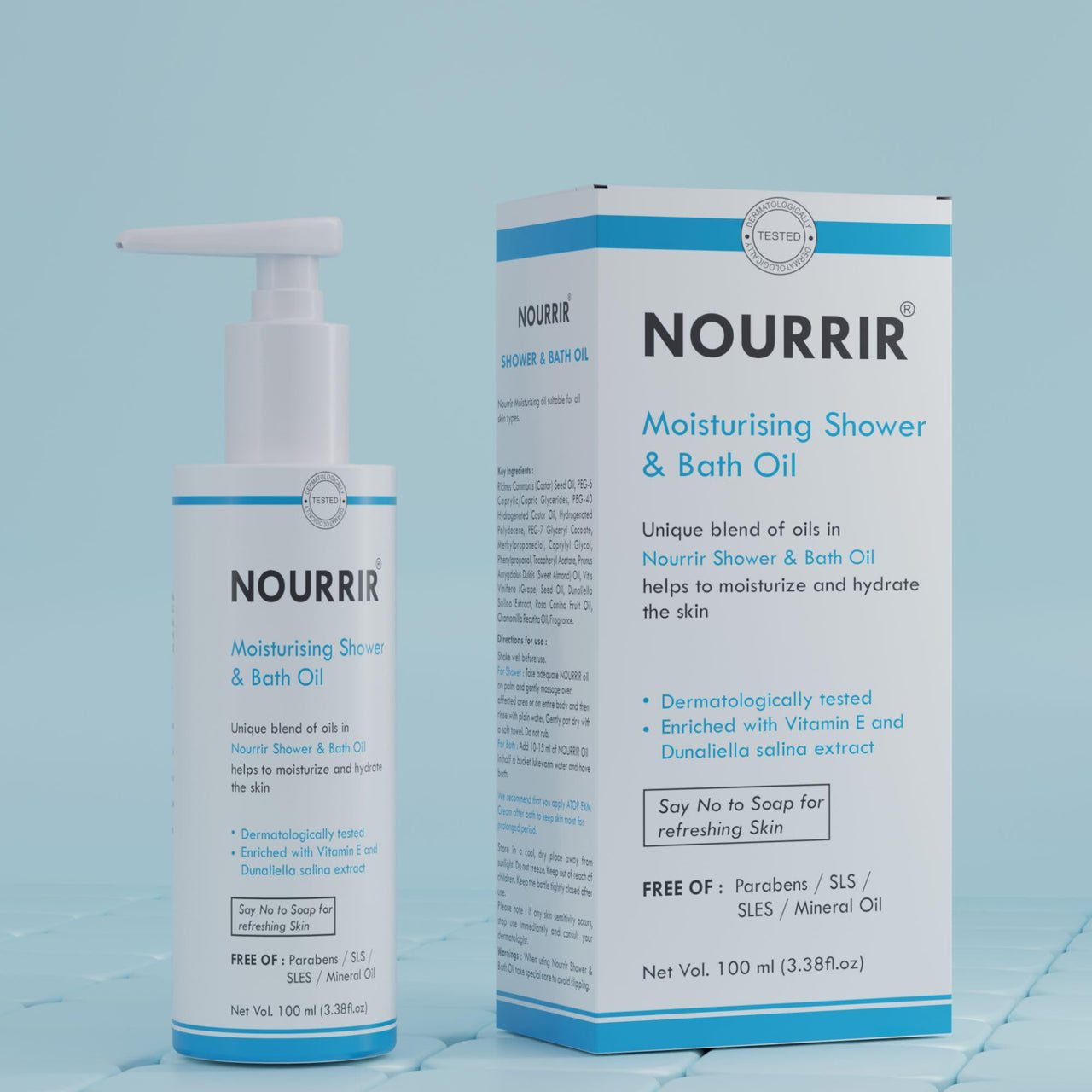 NOURRIR Hyper Moisturizing Shower & Bath Oil, All Skin Types| Dunaliella Salina & Vitamin E. (100 ML)