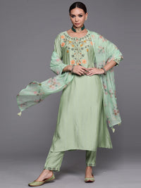 INDO ERA Women's  Silk Blend Floral Straight Kurta Pant with Dupatta Set