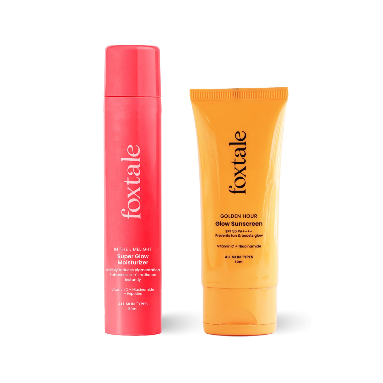 Foxtale Golden Glow Duo | SPF 50 Glow Sunscreen & Super Glow Moisturizer | Vitamin C, Niacinamide & Peptides | Brightens, Hydrates, Prevents Tan & Pigmentation | Lightweight, Non-Sticky, No White Cast | All Skin Types | Summer Essentials