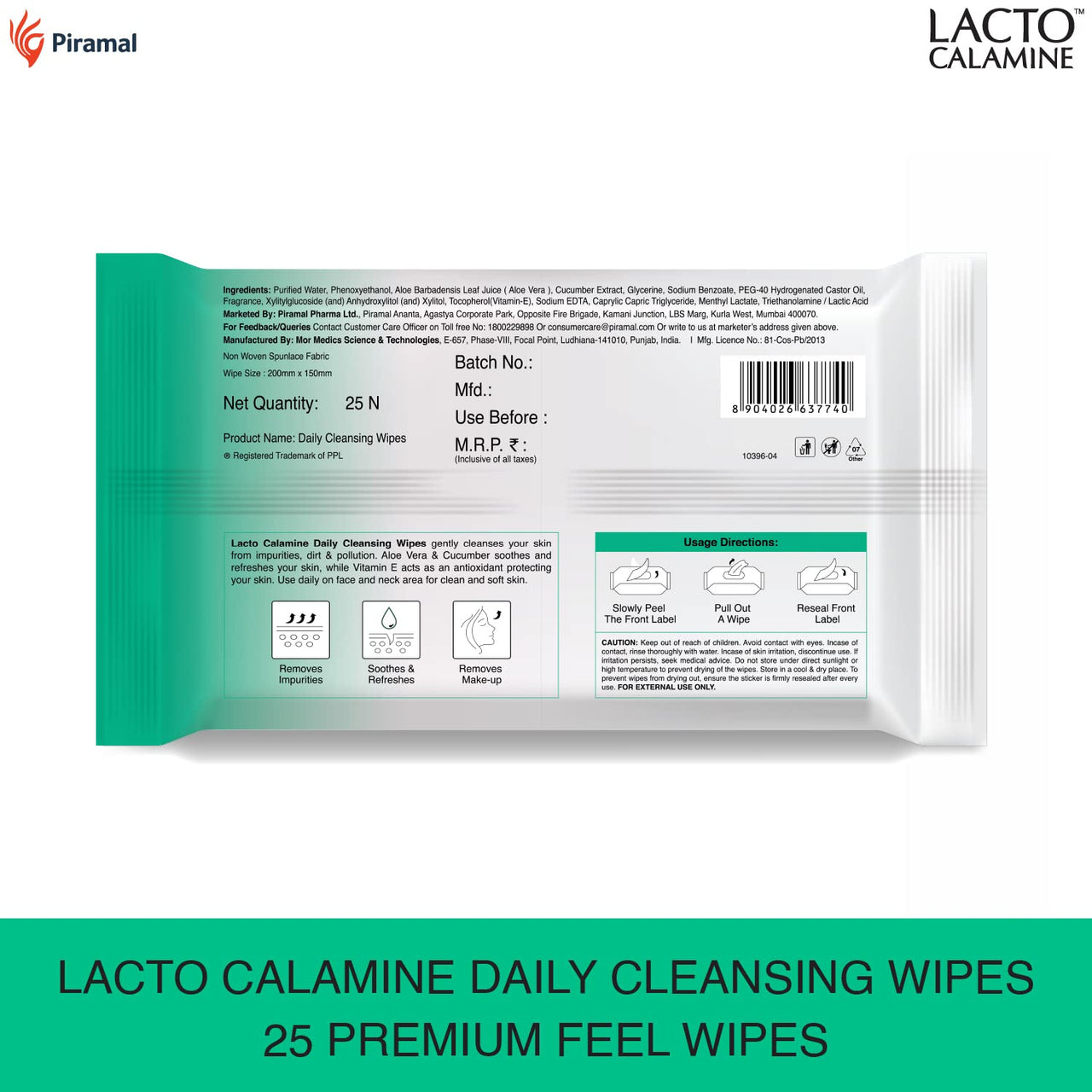 Lacto Calamine Oil Control Face Wipes with Neem, Vitamin B3 and Aloe Vera White, 60 Count, Pack of 2 & Lacto Calamine Daily Cleansing Face Wipes, Pack of 2, 50 Count