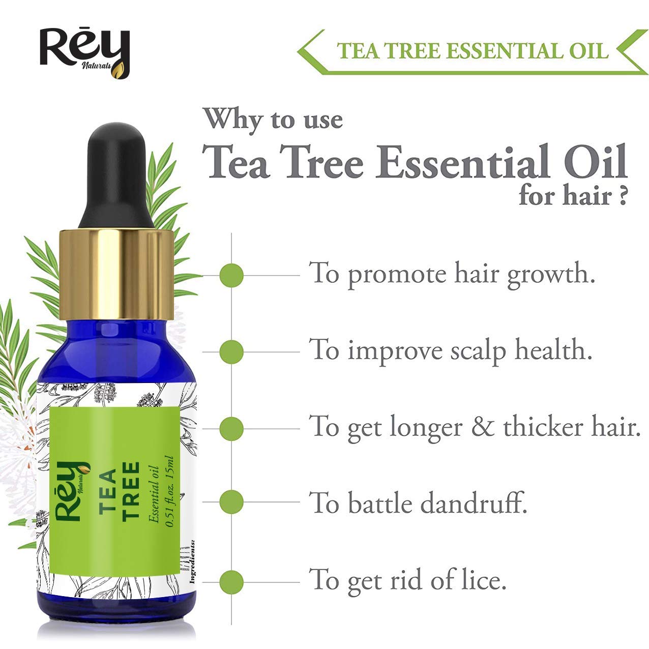Rey Naturals® tea tree oil & Rosemary essential oils - Pure 100% Natural for Healthy Skin, Face, and Hair (15 ml + 15 ml)