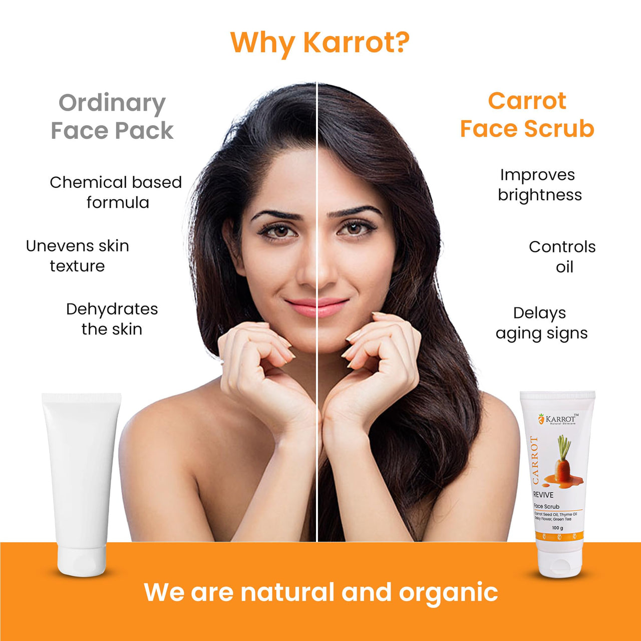 Karrot Natural Skincare Carrot Exfoliating Scrub for Glowing and Brightening Skin, Revitalizes Dullness and Rejuvenates, Contains Green Tea, Thyme Oil, For Men and Women, All Skin Types, 100gms
