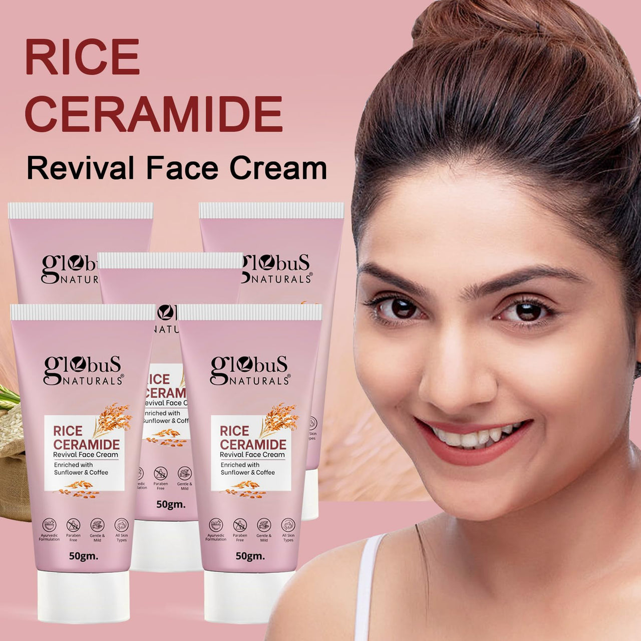 Globus Naturals Rice Ceramide Revival Face Cream, Enriched with Sunflower & Coffee, Ayurvedic Formula, Paraben Free, Gentle & Mild, Suitable For All Skin Types, 50 gm (Pack of 5)