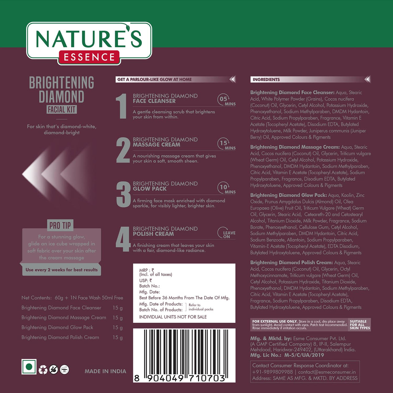 NATURES ESSENCE Brightening Diamond Facial Kit With Free Facewash, 60G + 50Ml