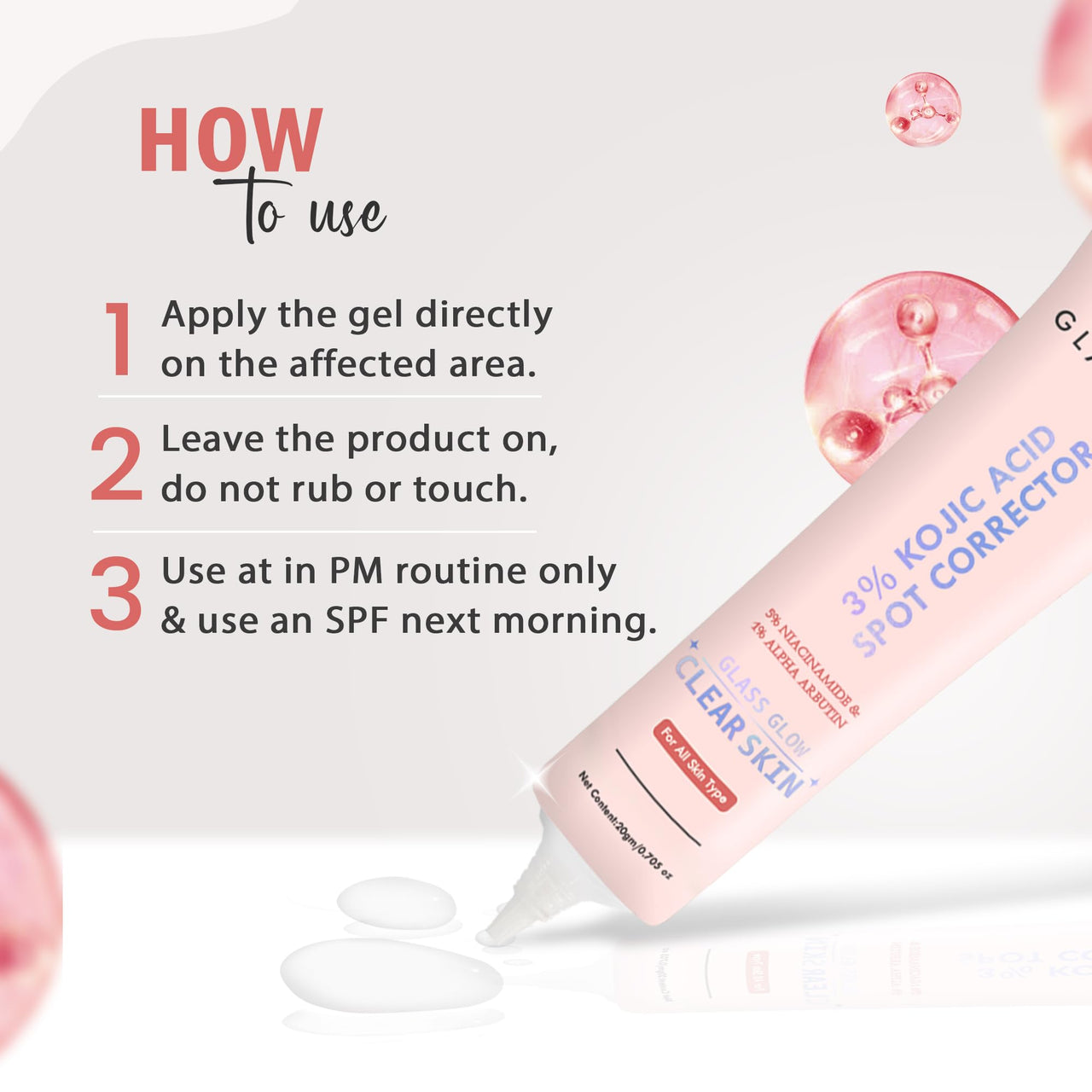 Glamveda 3% Kojic Acid Spot Corrector Gel Reduces Acne Scars & Dark Spots | Glow Booster & Pigmentation Removal | With Alpha Arbutin & Niacinamide | 20g