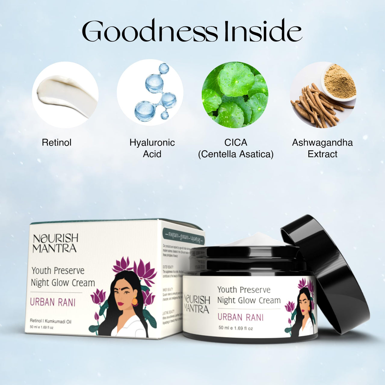 Nourish Mantra Urban Rani Night Cream for women | helps with Anti aging, wrinkle free glowing skin | with Retinol, hyaluronic Acid, kumkumadi oil & Ashwagandha| For All Skin Types - 50ml