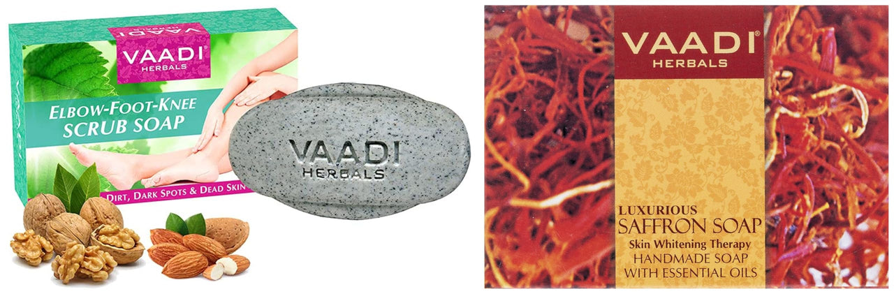 VAADI HERBALS Elbow Foot Knee Scrub Soap with Almond and Walnut Scrub, 75g & Luxurious Saffron Soap, Skin Whitening Therapy, 75g