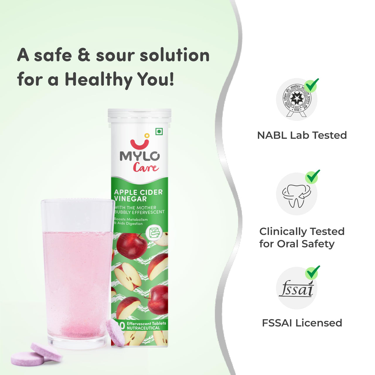 Mylo Apple Cider Vinegar Tablets for Weight Loss | Effervescent ACV Tablets | With Vitamin B6 and B12 | 100% Natural (Pack of 1)