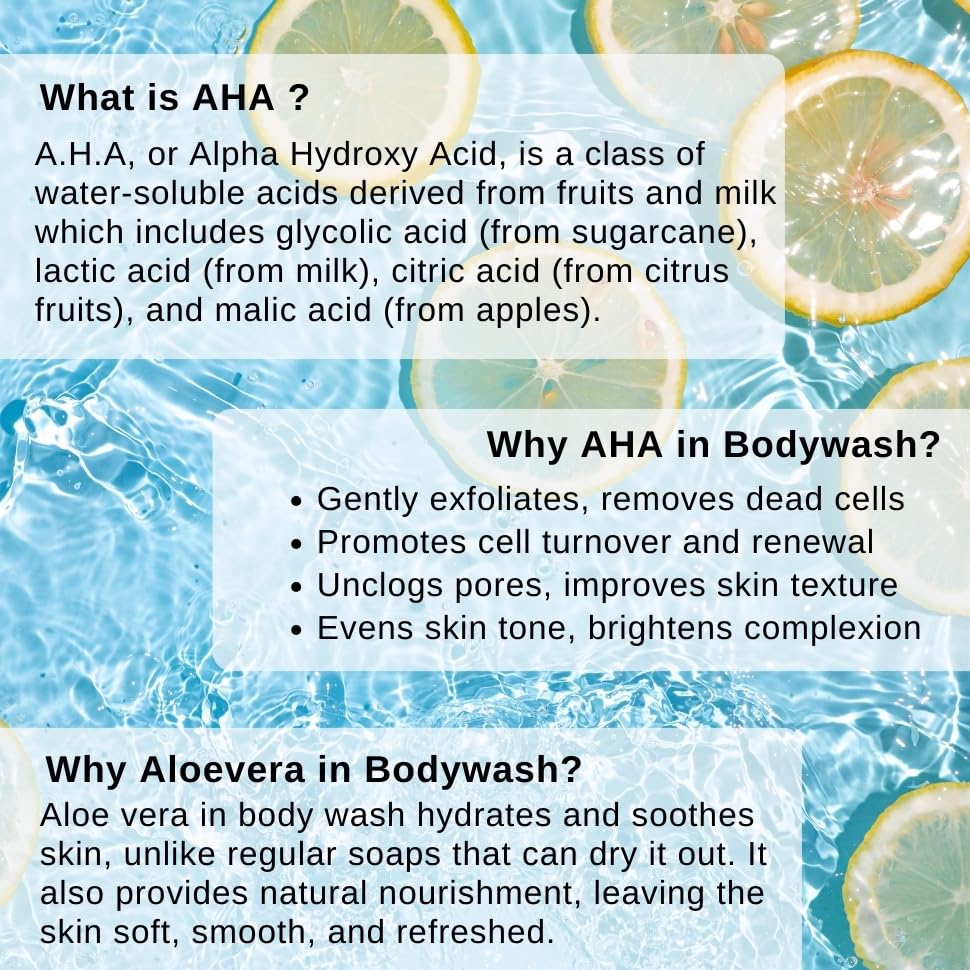 GREENWORTH Body wash for glowing skin with AHA and Aloevera | Hydrating and Gentle Exfoliating Body Wash for Brighter, Softer and Smoother Skin| Sulphate & Paraben Free | 300 ml