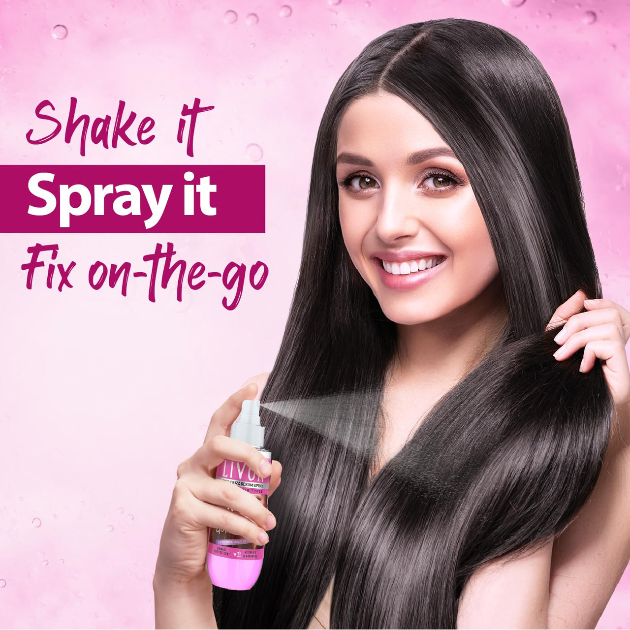 Livon Shake & Spray Serum for on-the-go hair | Provides instant shine, frizz control & damage protection | Spray serum for women & men | With Vitamin E & Argan Oil | 50ml