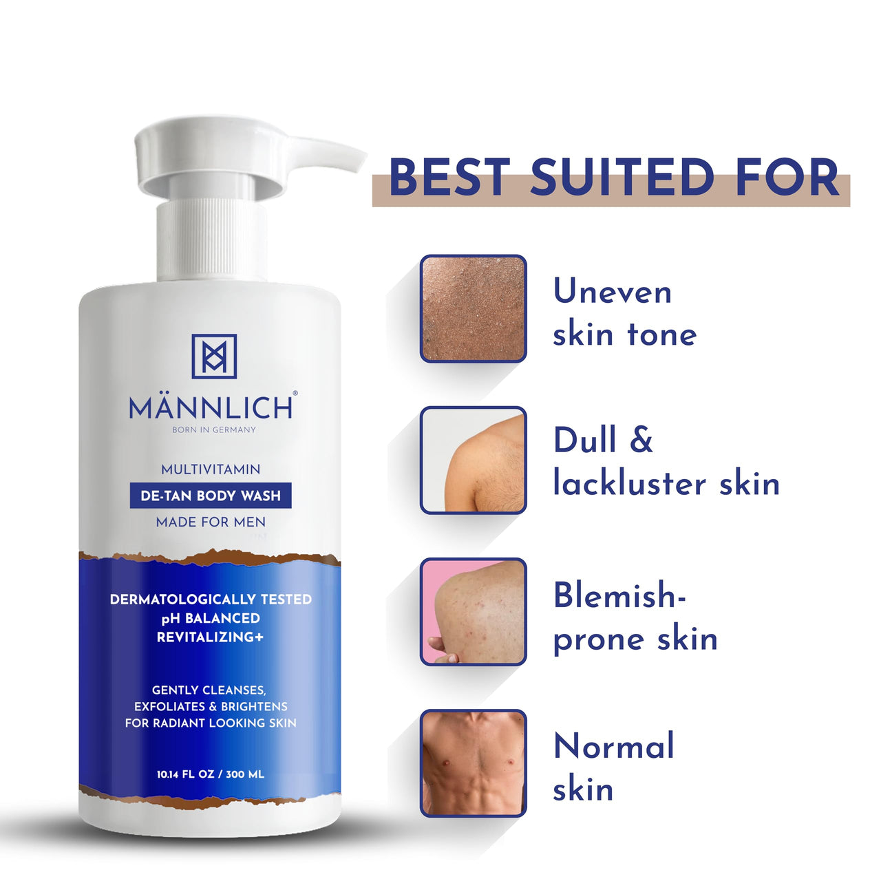 Mannlich De-Tan & Detox Body Wash (300 ml) | 2% Kojic Acid Body Wash for Pigmentation, Tan Removal, Deep Cleansing & Brightening with Multivitamin - Helps Improve Skin Appearance, Hydrates & Nourishes, Suitable for All Skin Types - Paraben & SLS Free