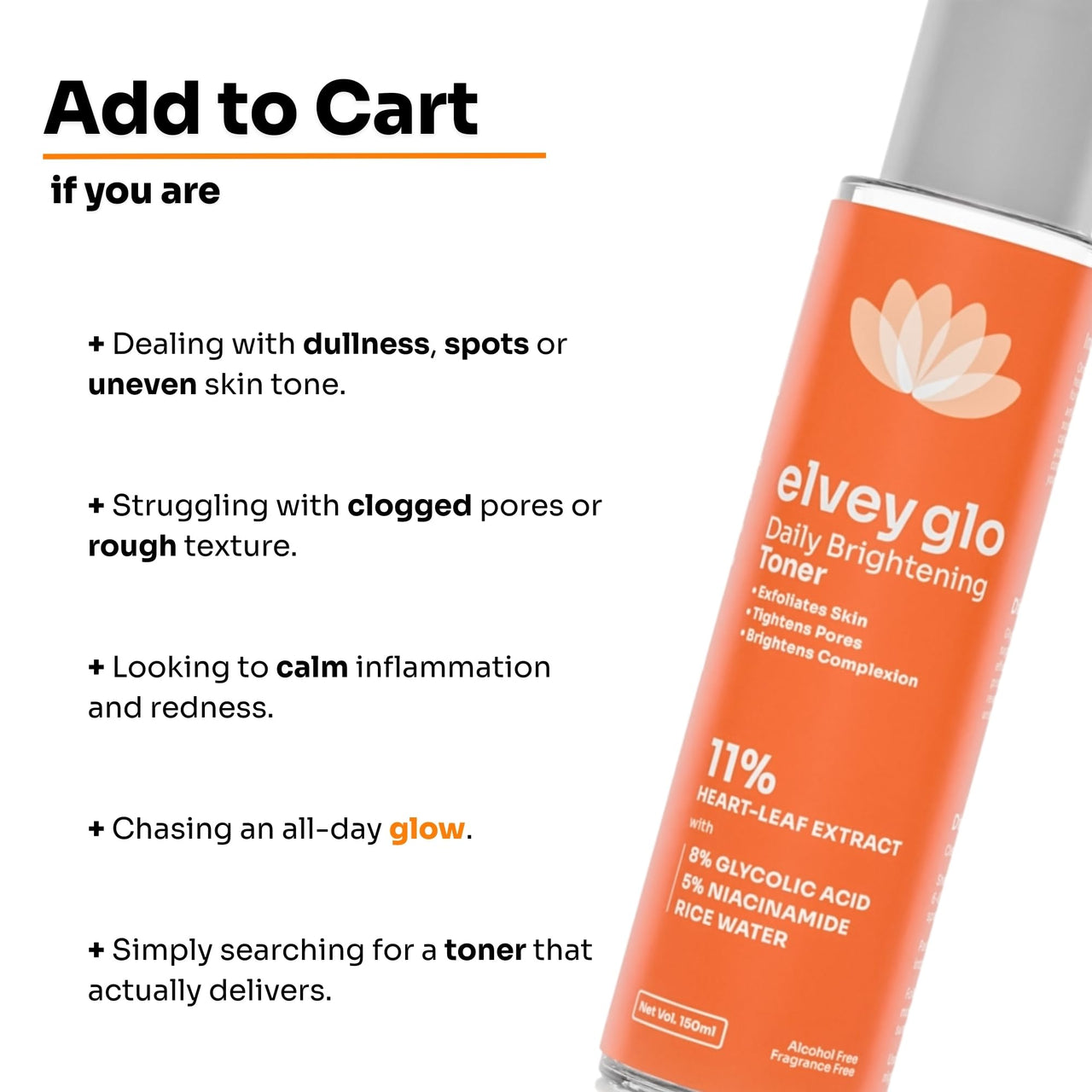 Elvey Essentials Glo Face Toner with 11% Heartleaf Extract, 8% Glycolic Acid, 5% Niacinamide & Rice Water for Brightening, Exfoliation & Pore Tightening | Alcohol & Fragrance Free - 150ml